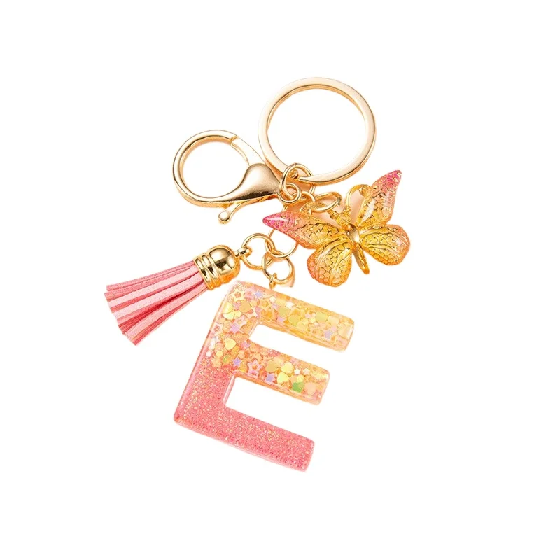 New 2024 A-Z Dreamy Sequin Letters Keychain Tassel Butterfly Pendant Initial Keyring For Women Men Car Key Holder Christmas Gift