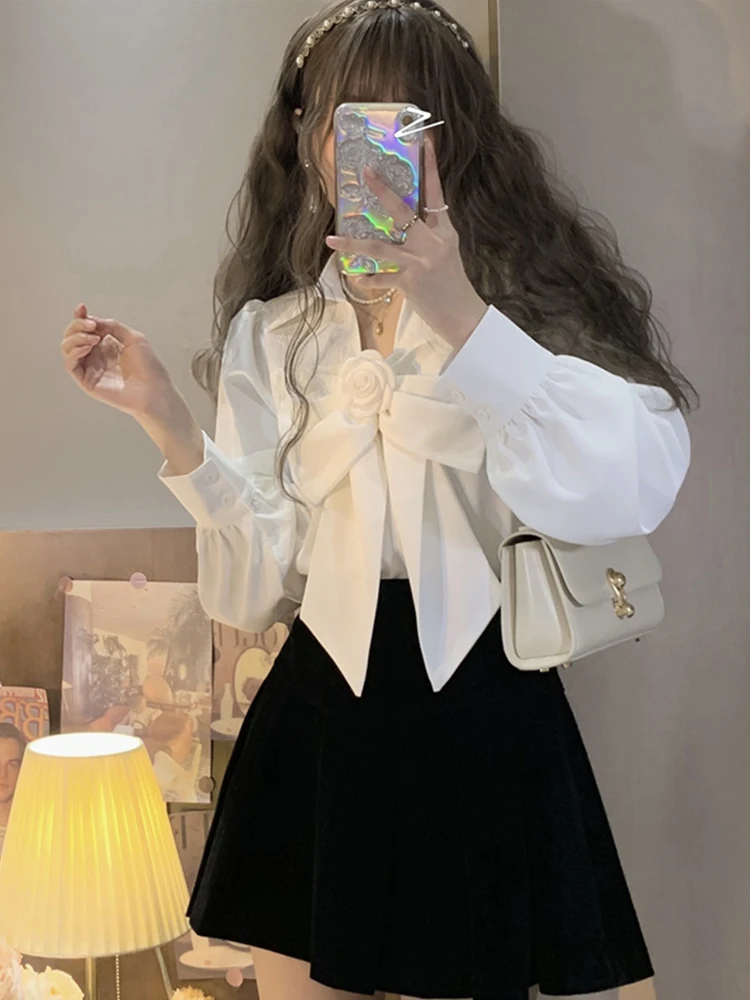 

Autumn New Popular Fashion Y2k Shirt Women Lace-up Bow Long Sleeve Loose Fit Chic Tops Elegant Sweet Pretty Casual Party Blouse