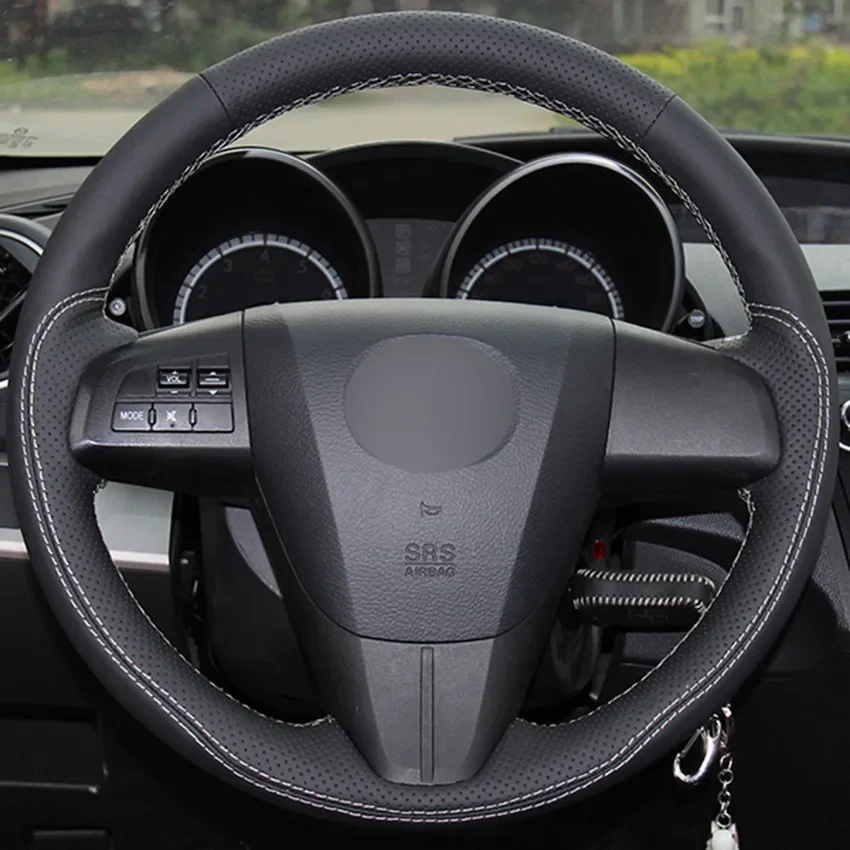 

Hand-Stitch Non-slip Black Genuine Leather Car Steering Wheel Cover for 2011-2013 Mazda 3 Mazda CX7 Interior Accessories