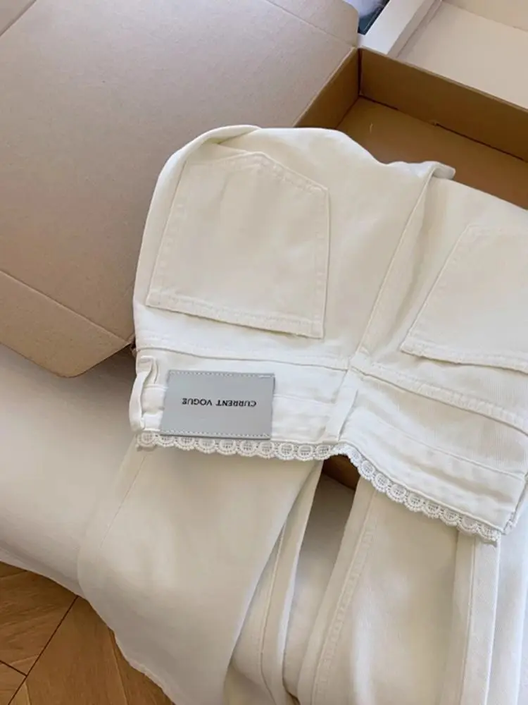 Witte Kant Getrimd Hoge Taille Jeans Voor Vrouwen 2023 Herfst Losse Casual Wijde Pijpen Denim Broek Verontruste Rechte Jean broek