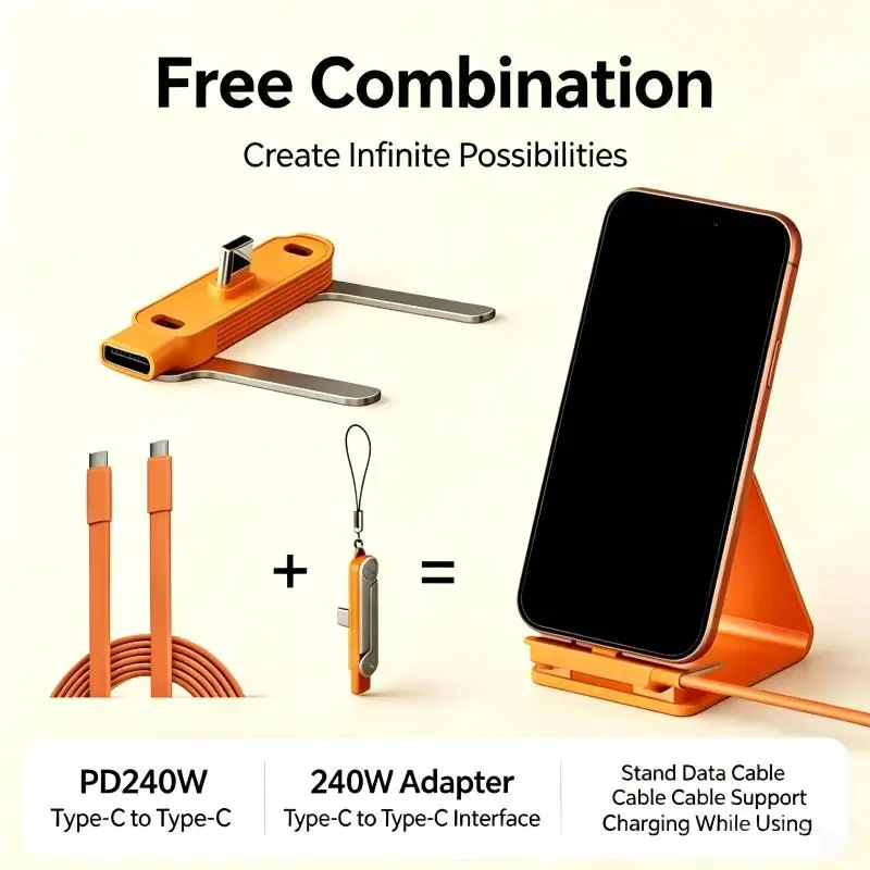 240W 2-in-1 Black/Orange Fast Charging Foldable Bracket Data Cable Type-C To Type-C Data Wire With Phone Tablet Stand Adapter