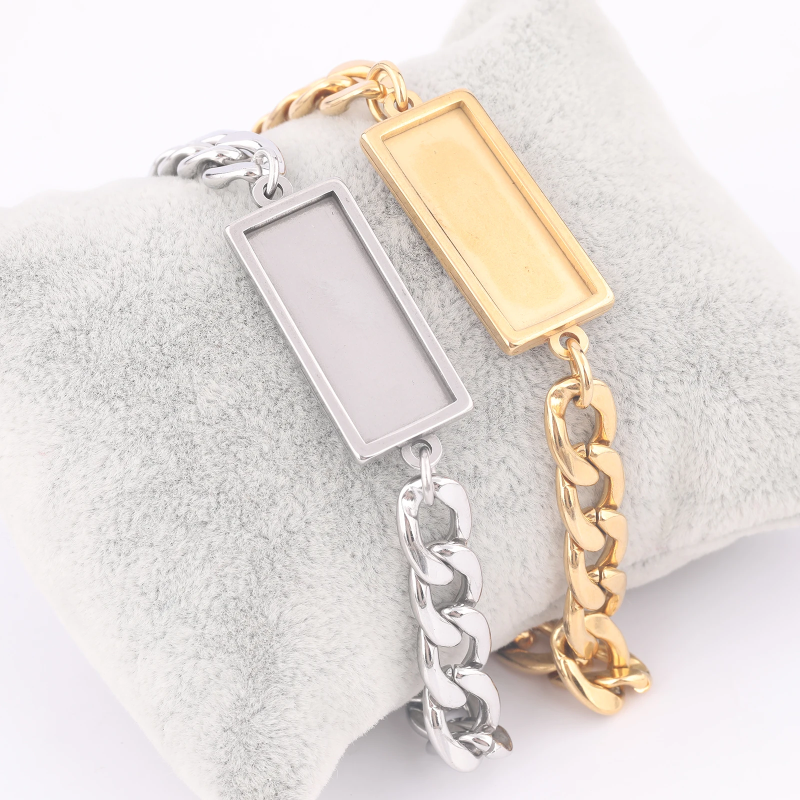 Base de pulsera de cadena chapada en oro de acero inoxidable, espacios en blanco aptos para configuración de bisel de cabujón rectangular de 10x25mm para fabricación de joyas, 2 uds.