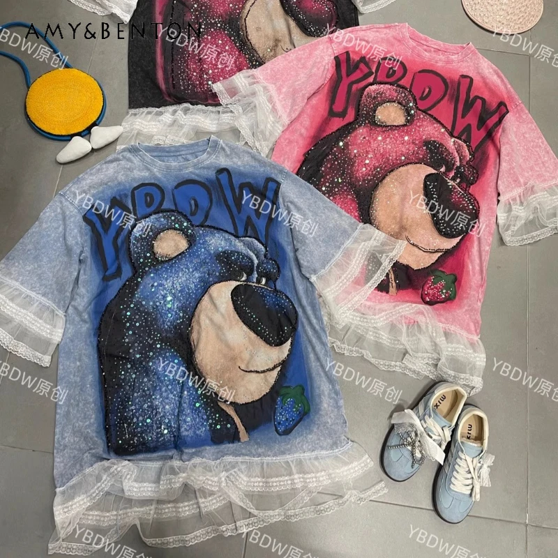 

European Style Popular Y2k Tees Heavy Industry Cartoon Lace Splicing Pure Cotton Short-sleeved T-shirt Loose Casual Top Women