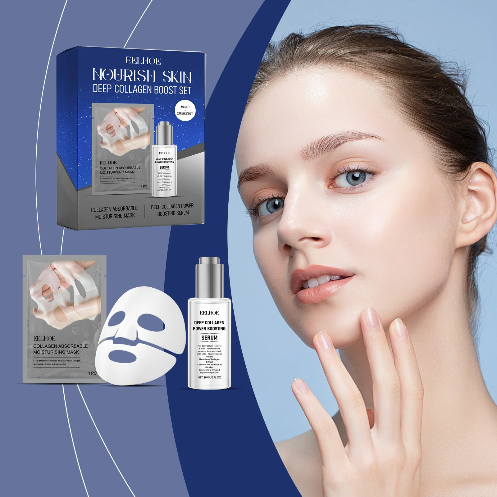 EELHOE Collageen Boost Masker Verhogen Huid Elasticiteit Anti Aging Collageen Booster Serum Hydraterende Gezichtsmasker Reparatie Huidverzorging Set