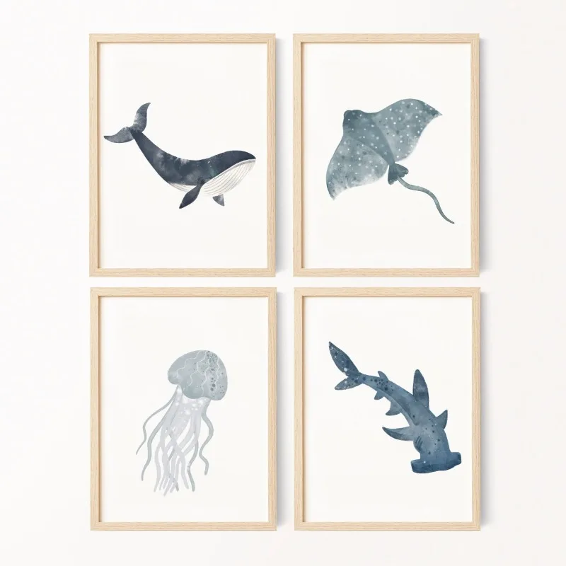 Póster de acuarela de animales marinos, ballena oceánica, tiburón, medusas, rayos de estrellas, pintura en lienzo, arte de pared para decoración del hogar de la habitación de los niños náuticos