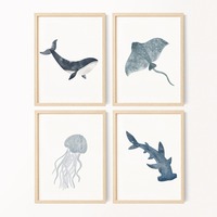 Sea Animals Watercolor Poster Ocean  Whale Shark Jellyfish Stingray Canvas Painting Wall Art for Nautical Kids Room Home Decor