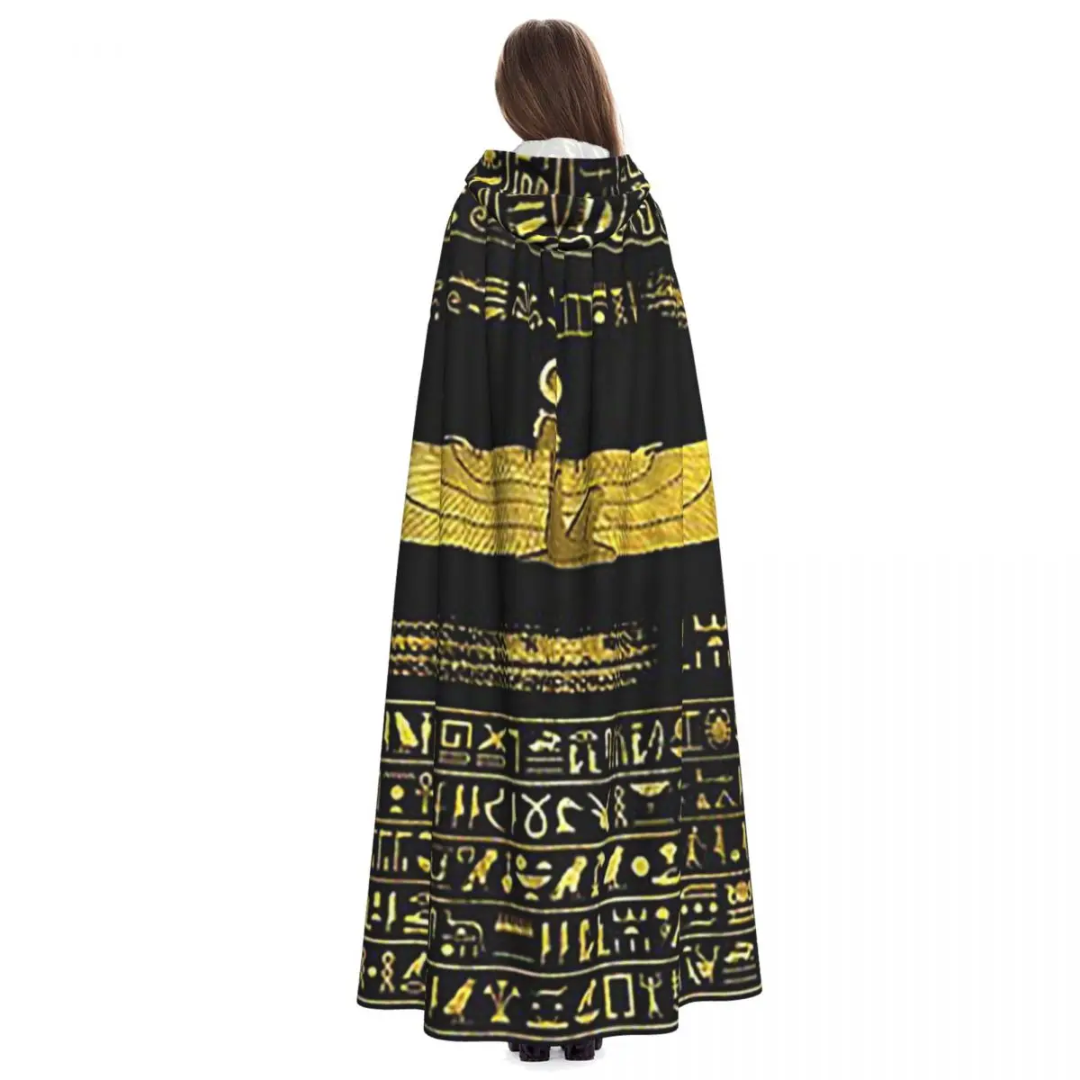Golden Egyptian God Ornament On Black Leather Long Hooded Cloak Witch Medieval Costume Cosplay Cape HalloweenCoat Adult Unisex - Image 4
