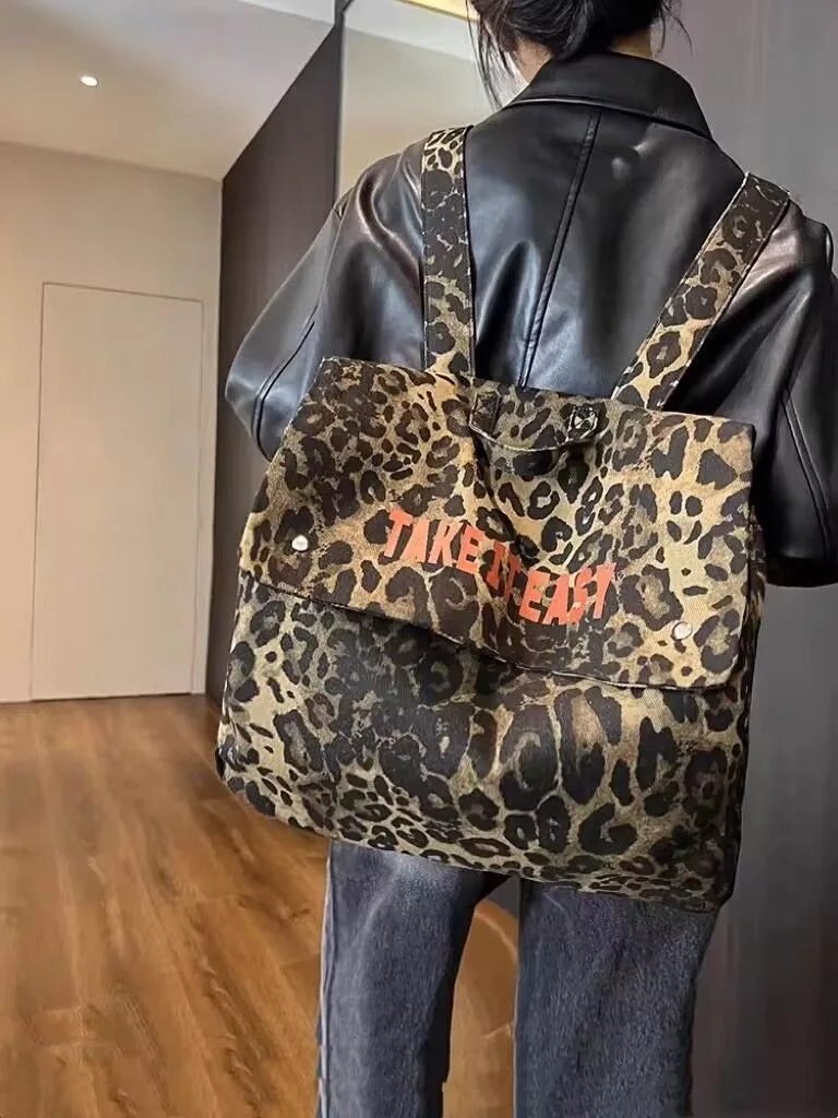 Cool Leopard Print Canvas Backpack Large Capacity Travel Bag Denim Fabric Student Bookbag Trendy Neutral Style Casual Leisure