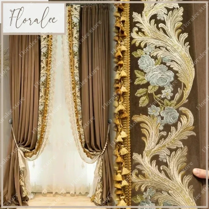 

American Retro Coffee Velvet Cloth Embroidery Stitching Curtains For Living Room Bedroom French Window Villa Custom