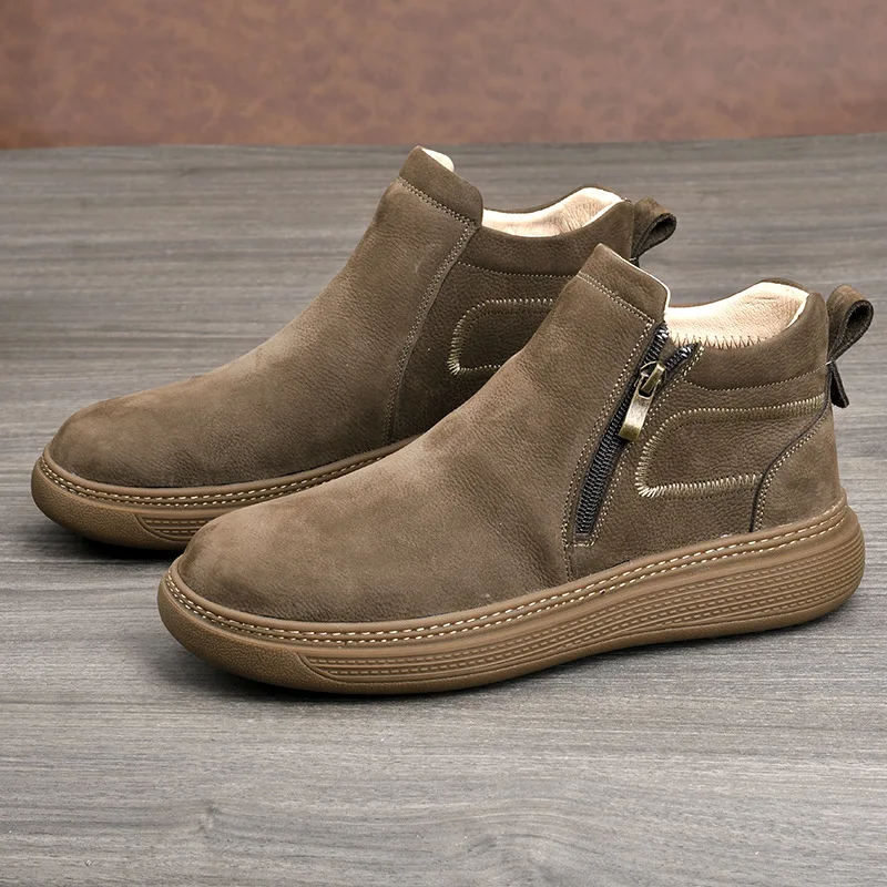 

High Quality First Layer Cowhide Cotton Shoes 2026British Style Soft-soled Boots Thick-soled Velvet Snow Boots Warm and Non-slip