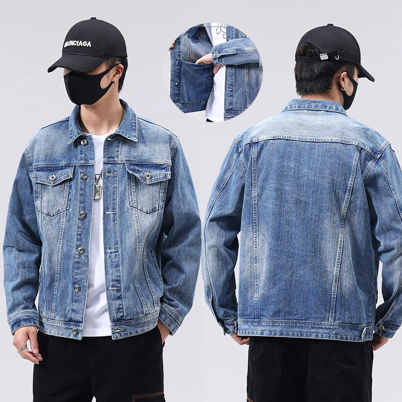 

Blue Denim Jacket Single-breasted Lapel Daily Casual Coats Versatile Youthful Male Outwear Washed Vintage Casual Jacket Coats