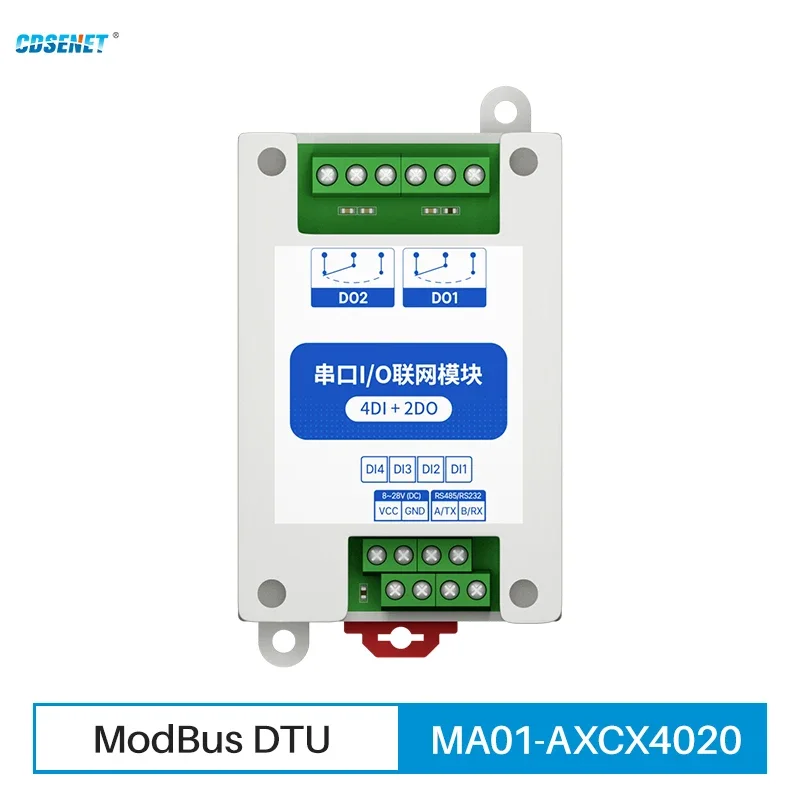 

ModBus RTU Последовательный модуль ввода-вывода Интерфейс RS485 4DI + 2DO 8 цифровых выходов CDSENET MA01-AXCX4020 Установка на рейку 8 ~ 28 В постоянного тока