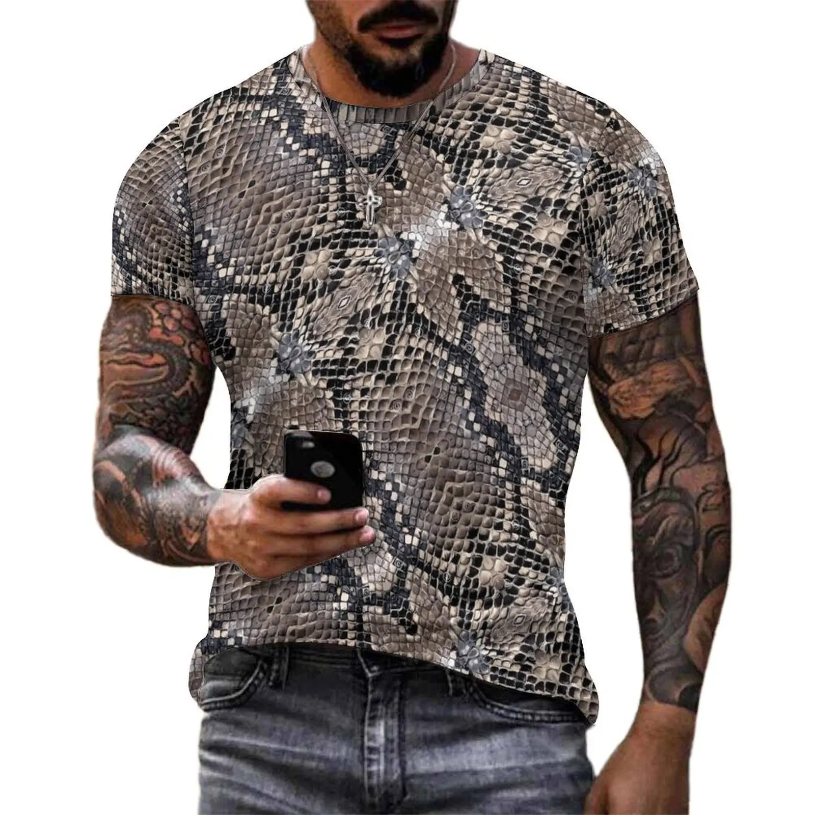 Man Snakeskin Print T-Shirt Greys and Silvers Hip Hop T-Shirts Short Sleeve Graphic Tshirt Summer Street Style Big Size Tees