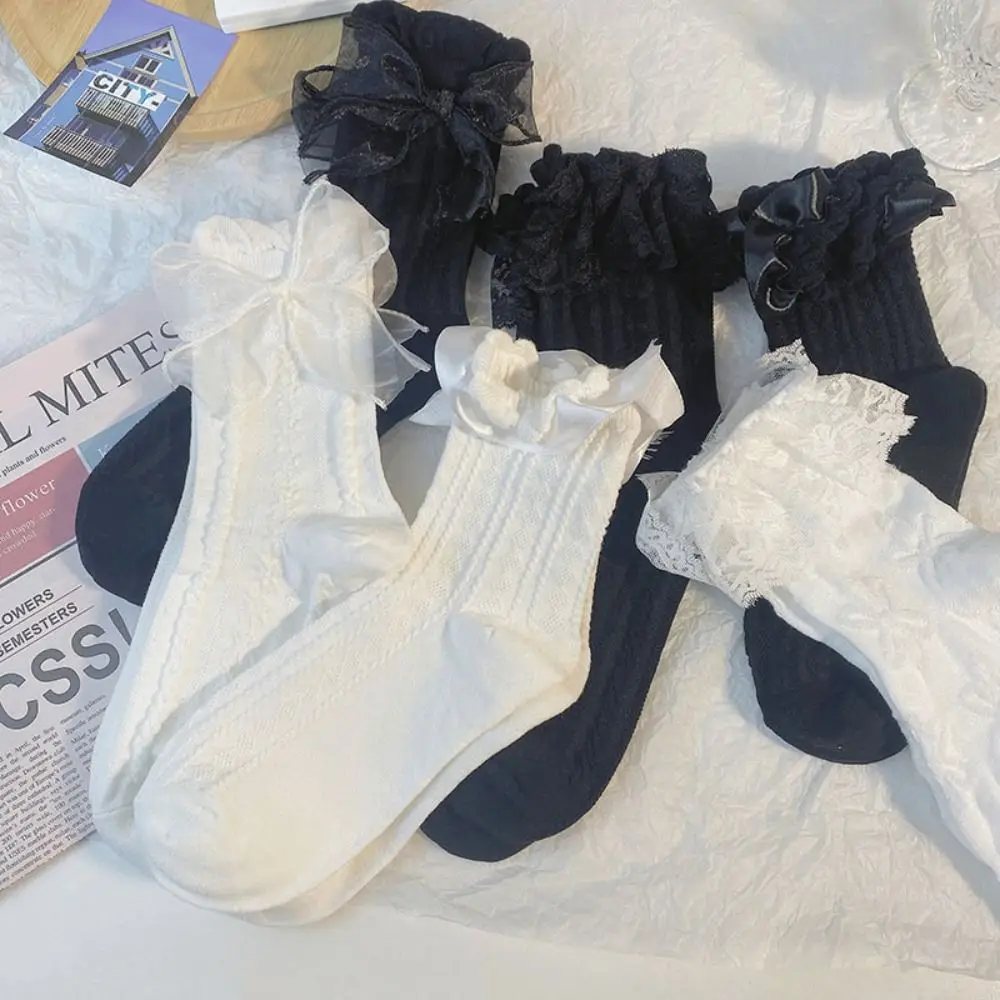 Black Sweet White Lace Socks Princess JK Lolita Socks Soft Bow Mary Jane Shoes Socks Girls