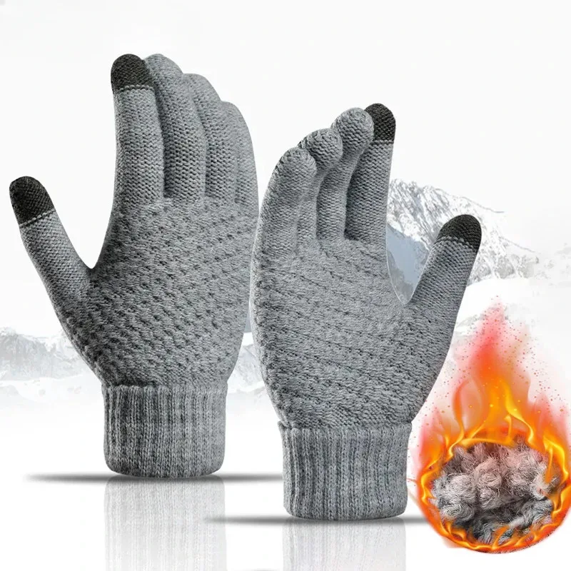 Women Men Warm Winter Touch Screen Ski Gloves Stretch Classical Knit Mittens Wool Full Finger Outdoor Cycling Driving Glove