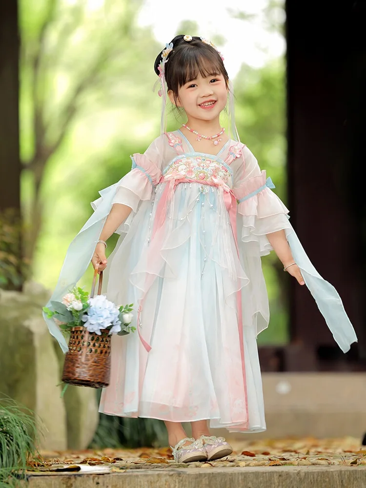 한푸 여아 원피스 고대 코스튬 오리지널 원피스, 중국 요정 스타일, 가슴 높이, 2024 년 여름 신상