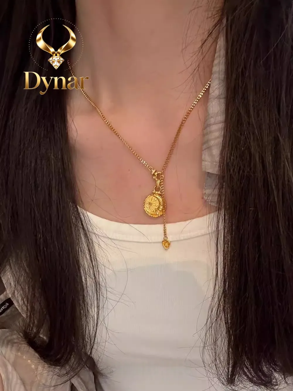Dynar Jewelry   New Chinese style eight-pointed star and moon 9999 24K real gold necklace women's niche design light luxury  cla