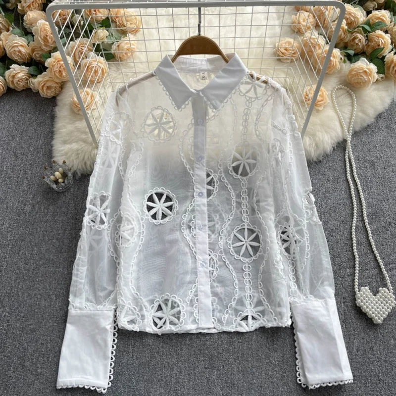 Fashion Vintage Embroidery Hollow Out Sexy Long Sleeve Women Shirt Casual Loose White Tops See Through Blouses