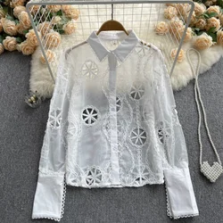 Fashion Vintage Embroidery Hollow Out Sexy Long Sleeve Women Shirt Casual Loose White Tops See Through Blouses