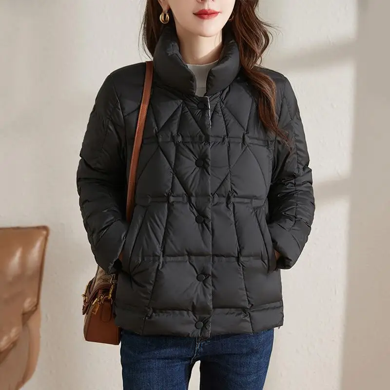 2023 New Women 90% White Duck Down Fashion DIAMOND CHECK Jackets Female Ultralight Thin Slim Korean Office Lady Down Coat