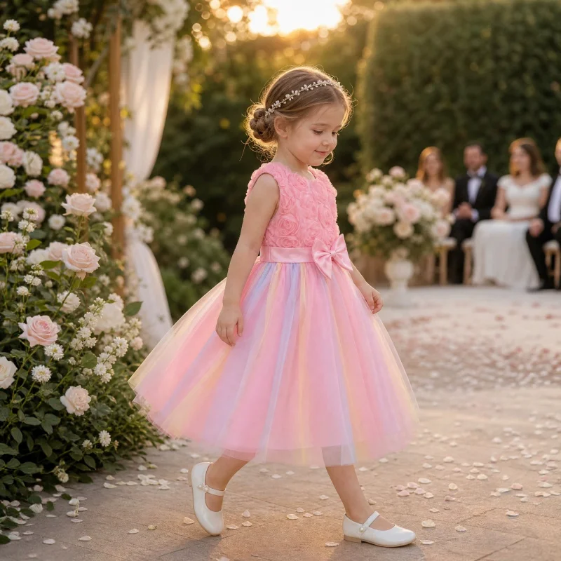 New girls' dress princess dress in pink with three-dimensional flowers, sleeveless rainbow mesh puffy dress for children's birth
