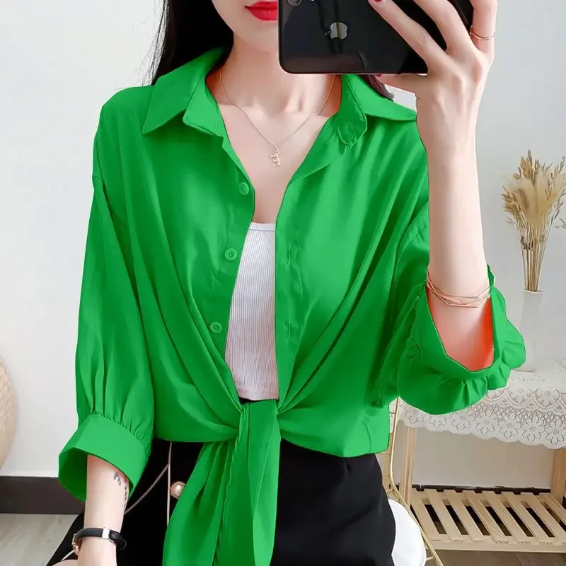 Fashion Lapel Button Solid Color All-match Bandage Bow Shirt Female Clothing 2024 Summer New Casual Tops Oversized Korean Blouse