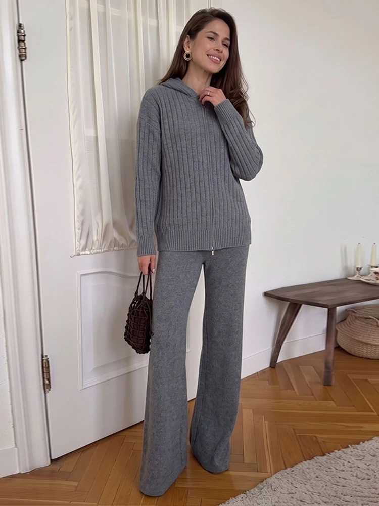 Damen Strickhosen 2-teiliges Set Kapuzenjacke mit Reißverschluss Langarm Cardigan Weite Hose Streetwear Einfarbiges Loses Outfit Partykleidung – Detail 11