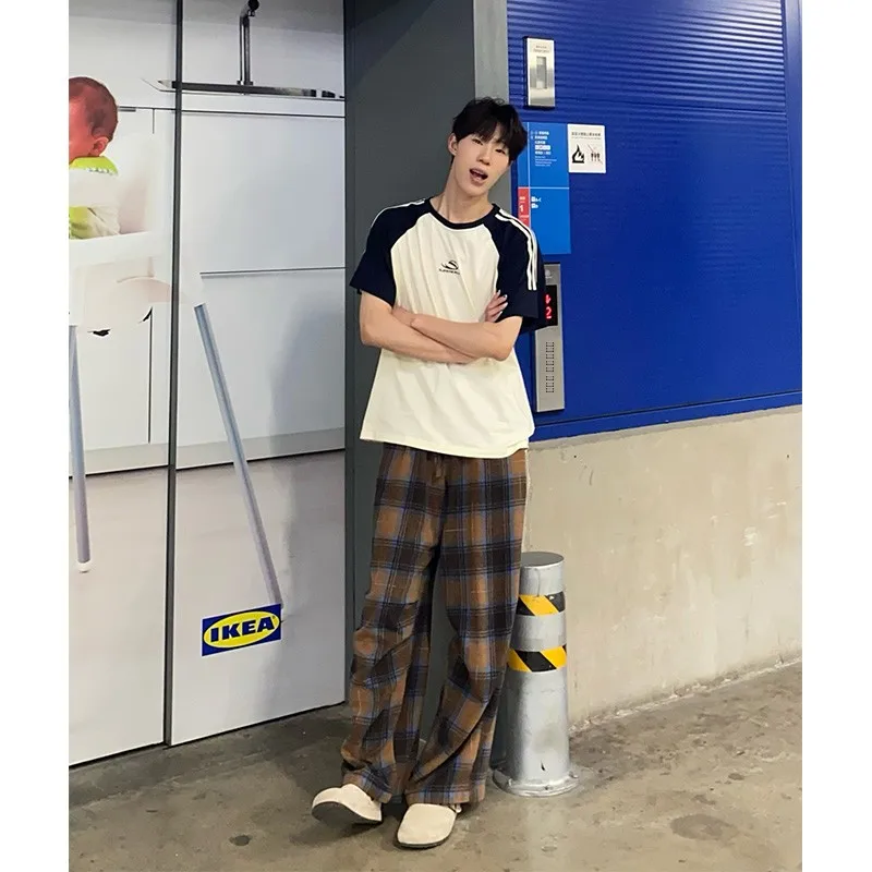 

Мужские летние тонкие повседневные брюки цвета хаки в клетку, с низкой талией, прямые, удлиненные, в стиле BF Lazy Sle American High Street Vibe