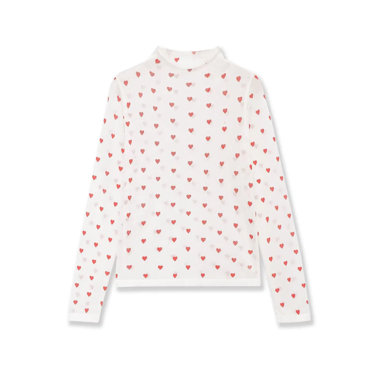 Heart Print Women's Long Sleeve T-shirt 2026 Spring New High Street Stand-up Collar Pullover Casual Loose White Breathable Tops