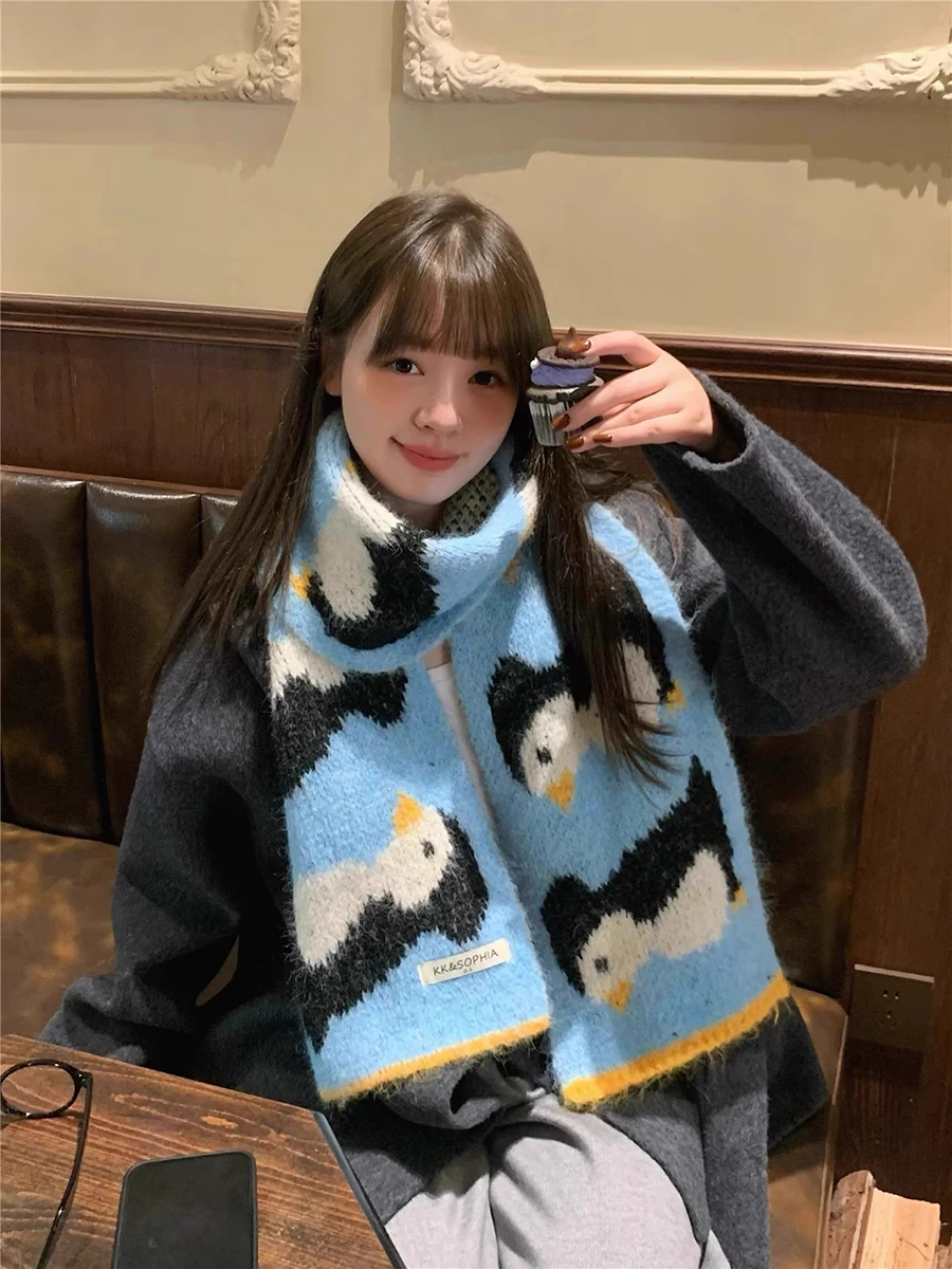 

Cute Cartoon Penguin Knit Jacquard Wool Scarf Winter Comfort Warm Neckerchief Unisex Scarves Students Gift