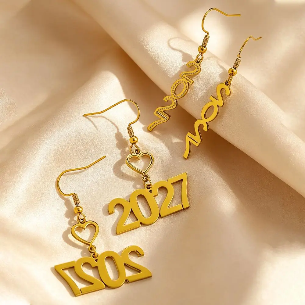 Rhinestone 2027 Digital Earrings Number Stainless Steel Happy New Year Earrings Heart Metal Gold Stud Earrings New Year Party
