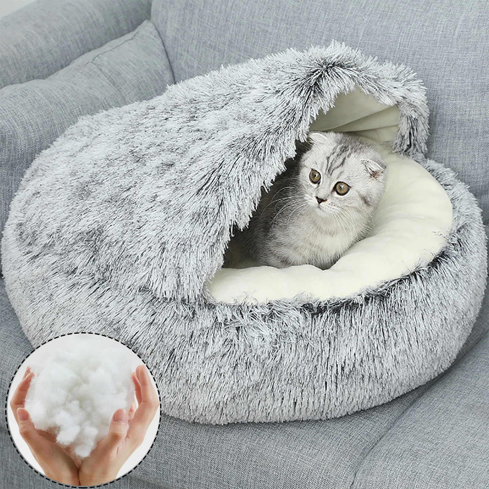 

Soft Plush Round Cat Bed Warm Comfortable Winter Long Plush Pet Cat Bed Round Semi Enclosed Cat Nest For Small Dogs Sleep Bag