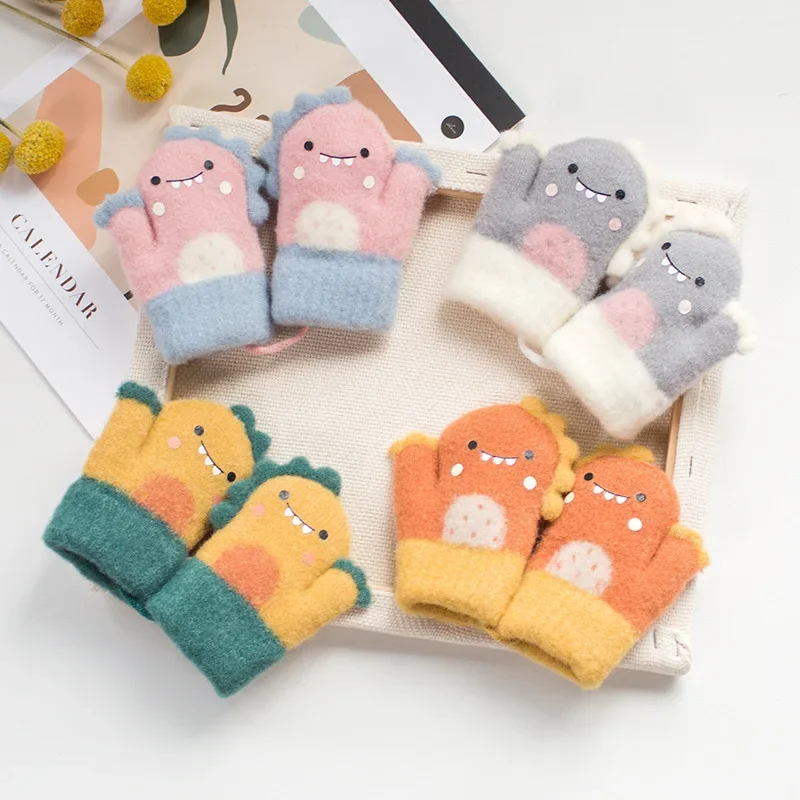 Cartoon Dinosaurier Baby Handschuhe Winter Warme Plüsch Gestrickte Fäustlinge für Kleinkind Junge Mädchen Niedliche Hängende Hals Handschuhe