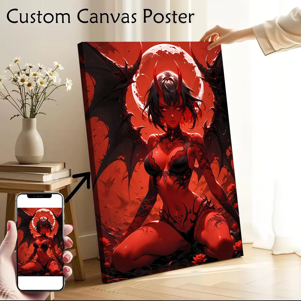 Póster artístico de pared en lienzo con diseño de mujer diablilla roja con alas, impresión de fotos personalizada, regalo perfecto para el hogar y decoración de habitaciones