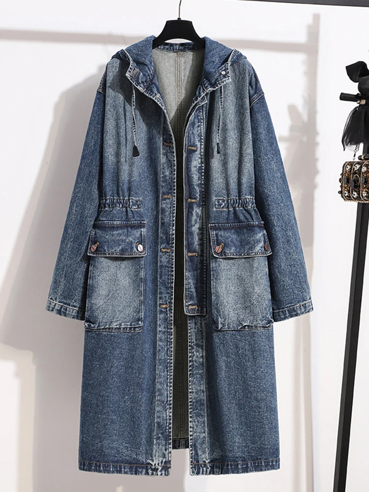 Retro Long Workwear Denim Jacket Women's Casual Loose Fit Windbreaker Coat with Hat Autumn New Style Washed Long Sleeve