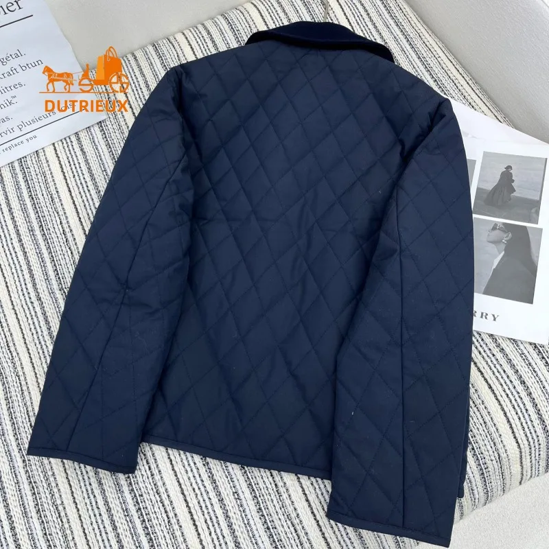 24 New Winter Cotton Coat for Women, Diamond-shaped Quilted Cotton Coat Double-sided Wool Stitching Small Lapel Coat for Women