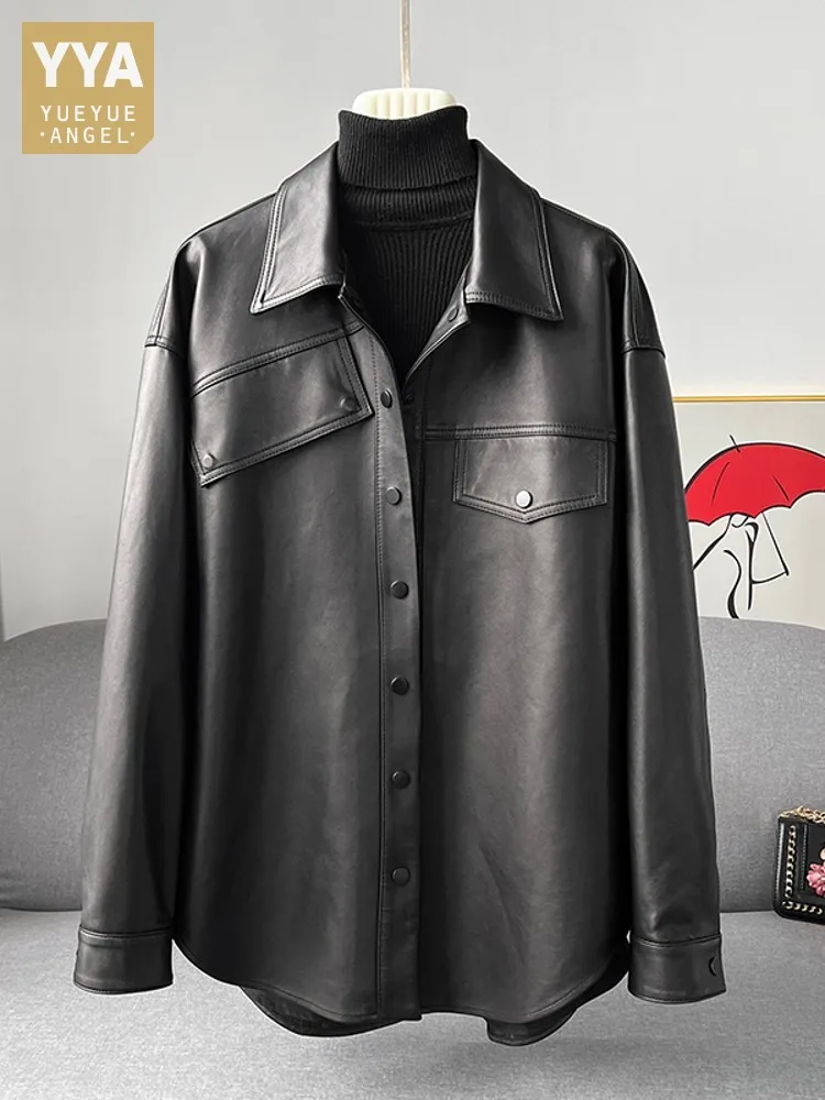 Spring New Women Loose Fit Sheepskin Genuine Leather Jacket Single Breasted Office Ladies Work Tops Designer Casual Outwear Coat