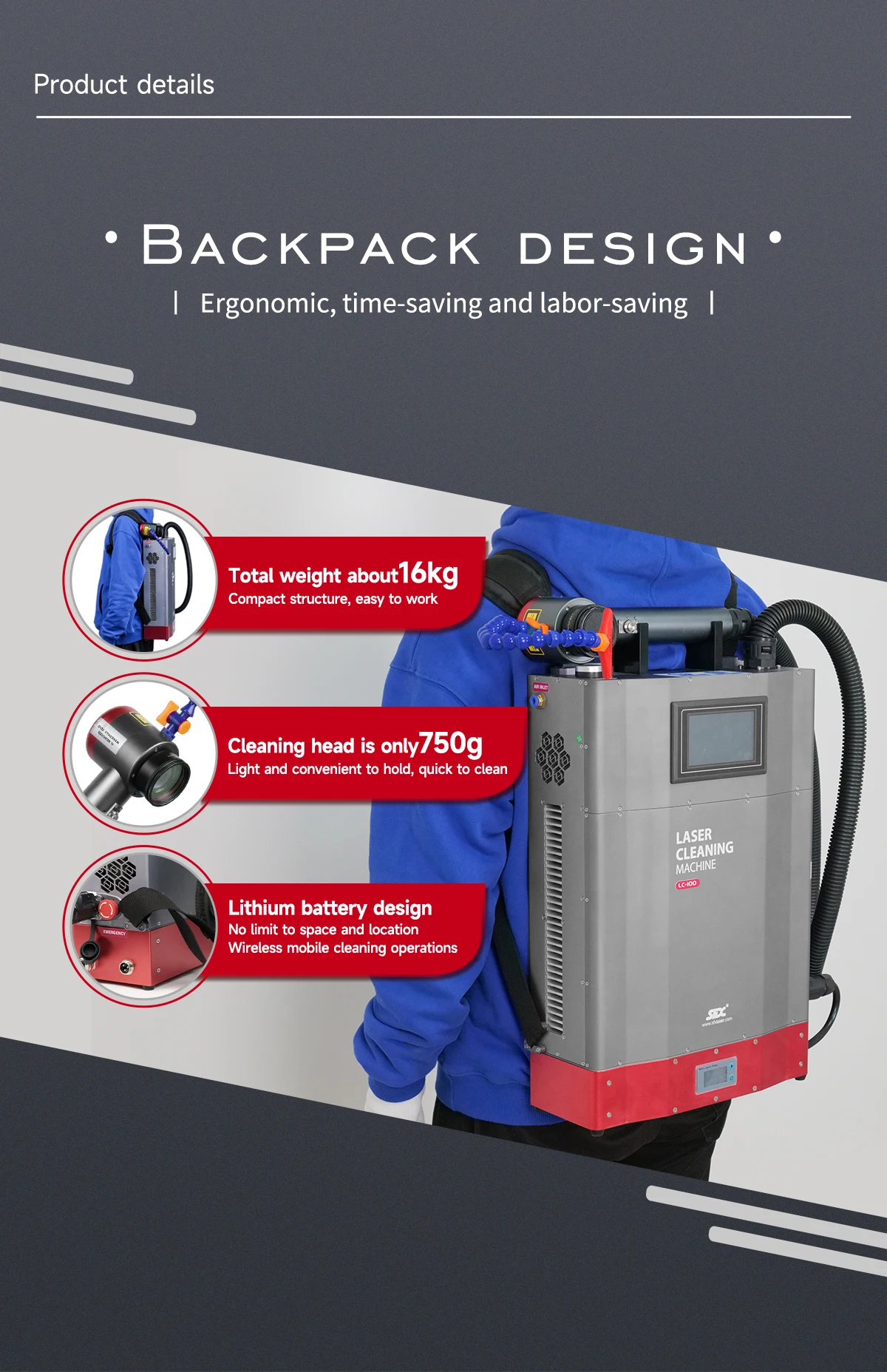 SFX Backpack 100W Pulse Type Laser Cleaning Machine with Batteries Rust Oil Removal