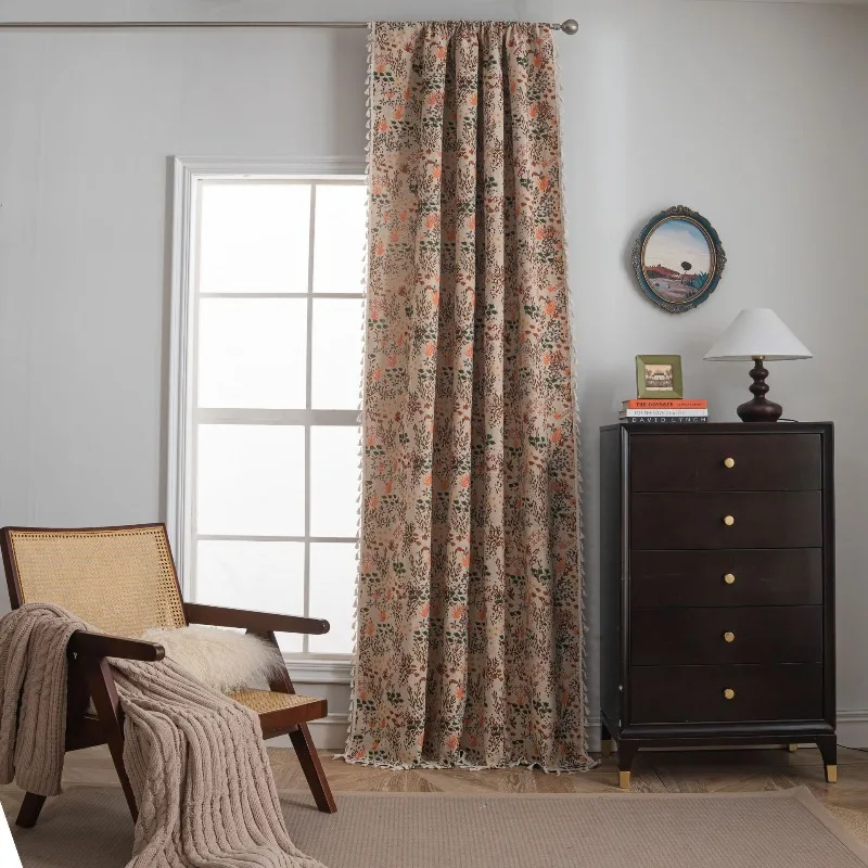 Boho Maple Forest Tassel Jacquard Decoration Semi-Blackout Curtains for Living Dining Room Bedroom Custom Size White Tulle Decor