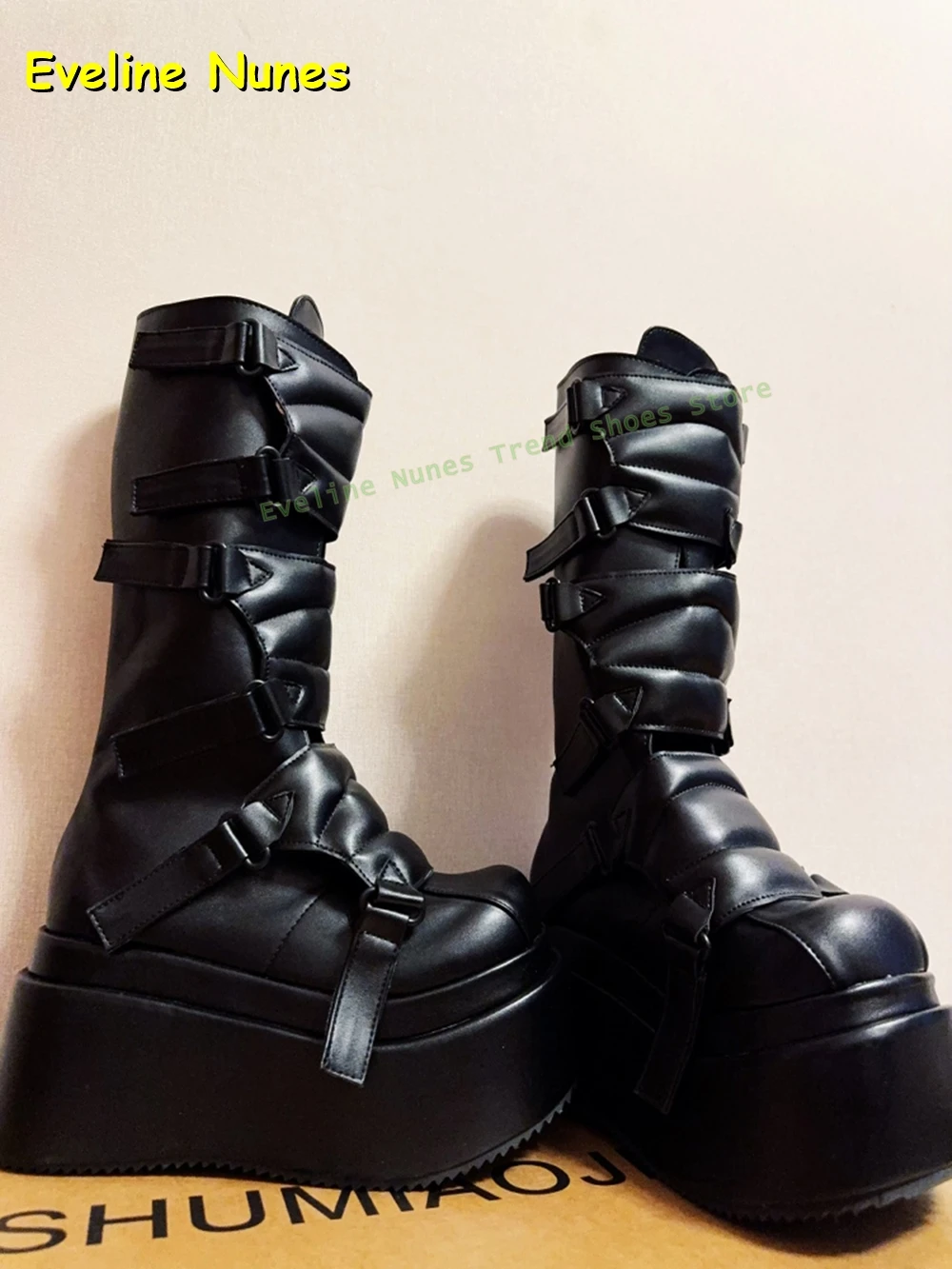 Black Buckle Cyberpunk Y2K Knee High Boots Big Round Toe Thick Sole Height Increase Subculture Style Couple Punk Shoes 2025 New view 2