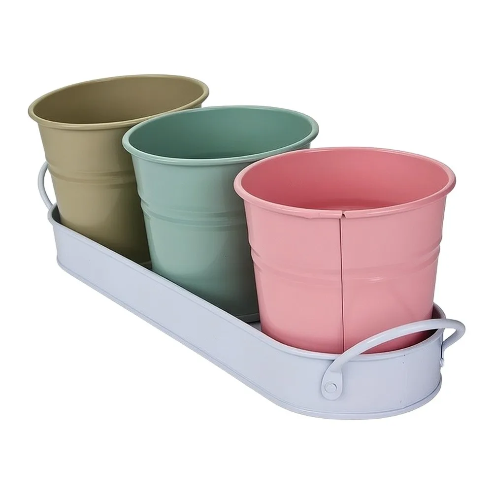 2 Set Metal Herb Plant Pots with Tray for Windowsill For Garden Indoor Outdoor Use Drainage Holes Rustic Farmhouse Style