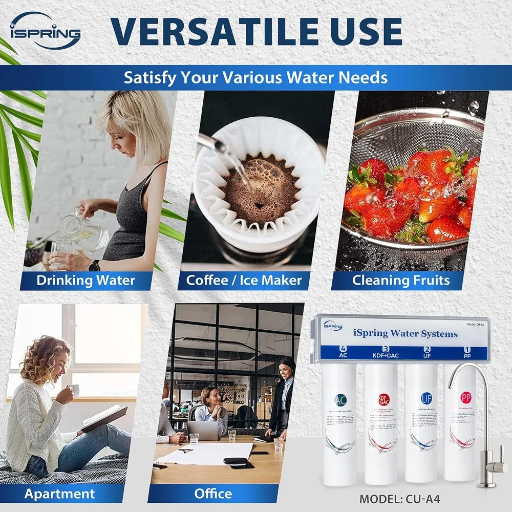 CU-A4 0.01μm การกรองพิเศษภายใต้อ่างล้างจานระบบกรองน้ํา Tankless ความจุสูง 4 ขั้นตอน ขจัดสารปนเปื้อน 99.99%