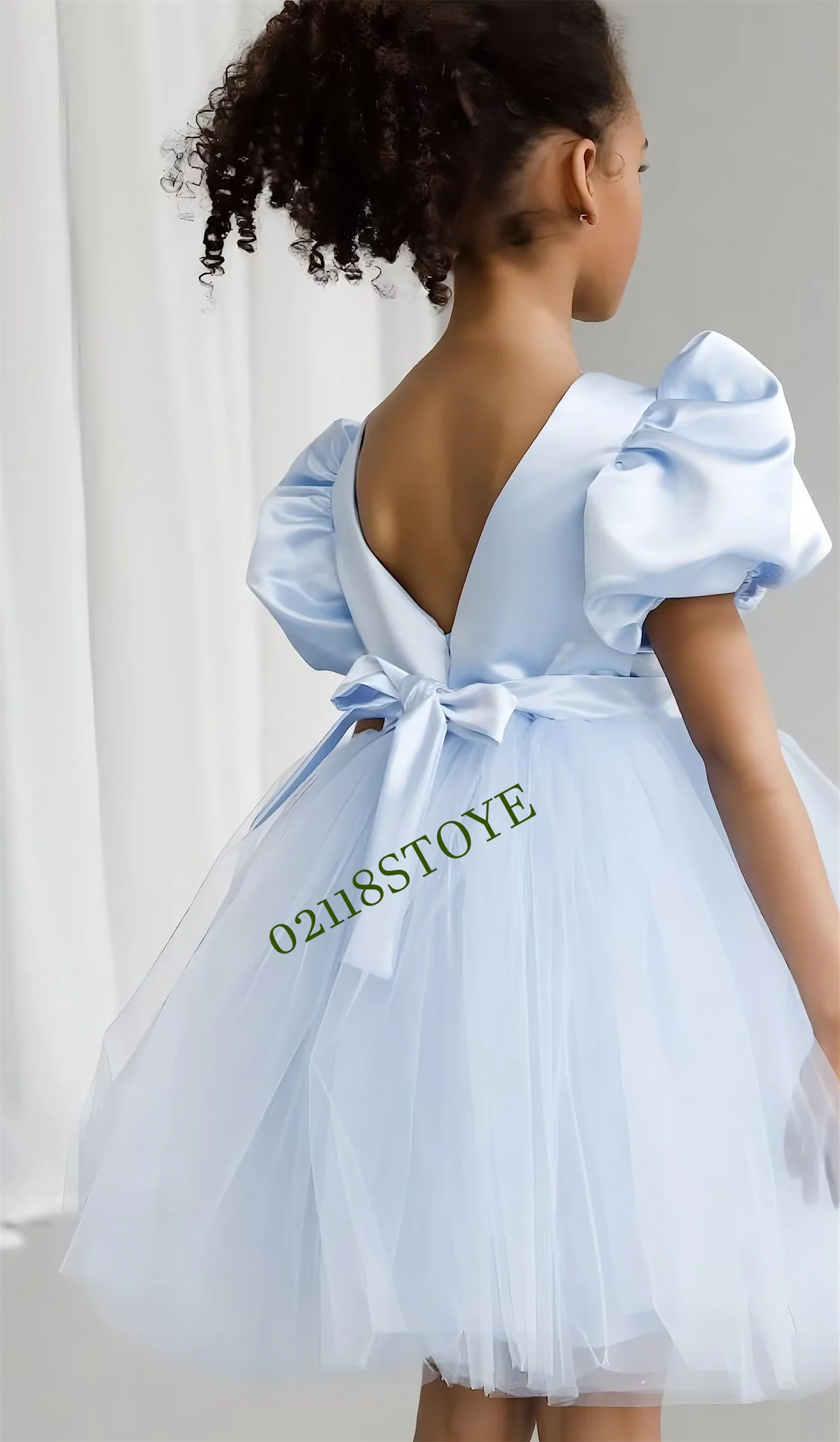 

Puff Sleeve Flower Girl Dresses for Wedding Tutu Birthday Party Satin Tulle Pageant Prom Dress with BowKnot Girls Ball Gown