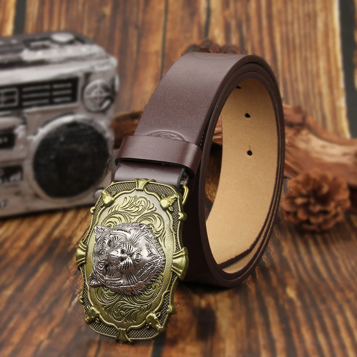 メンズ・レディースのカジュアルレトロベルト、ウエスタンスタイル！ タイガーヘッドメタルバックル付きPUベルト、日常の作業着に最適