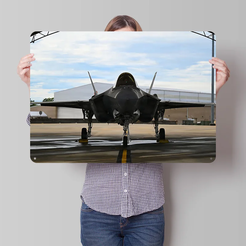 F-35 Fighter Jet Front View Poster Retro 3D Printed Metal Signs Customized Wall Hanging Gift for Vintage Decor Room Wand Deko