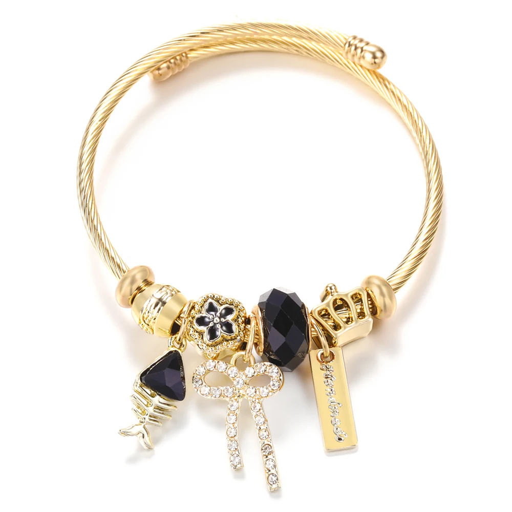 Bow Rhinestone Fish Bone Crystal Pendant Drop Oil Petal 4 Colors Beaded Bracelet Stainless Steel Closure Bangle Women Jewelry