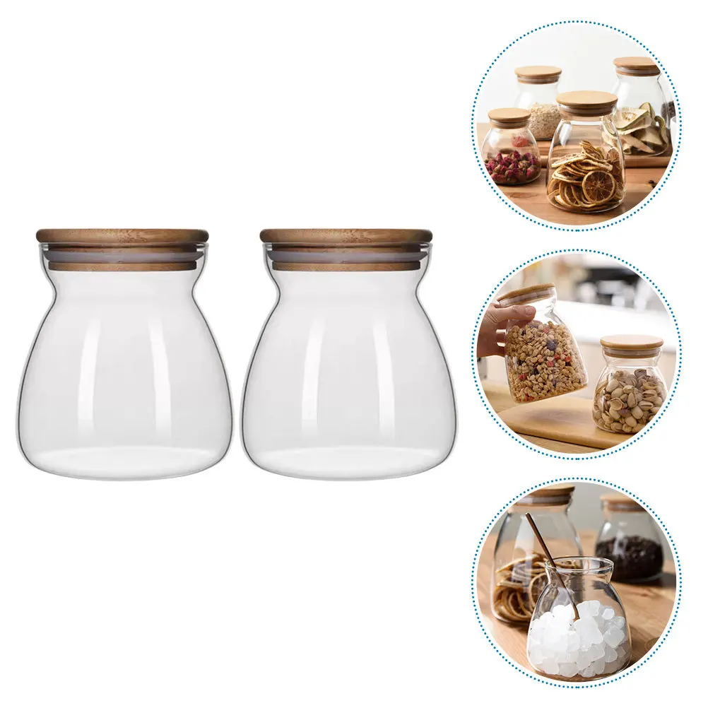 

2Pcs High-Class Glass Storage Canister with Bamboo Cover Moisture Proof Suitable for Tea Snacks Flour Grains Household Supply