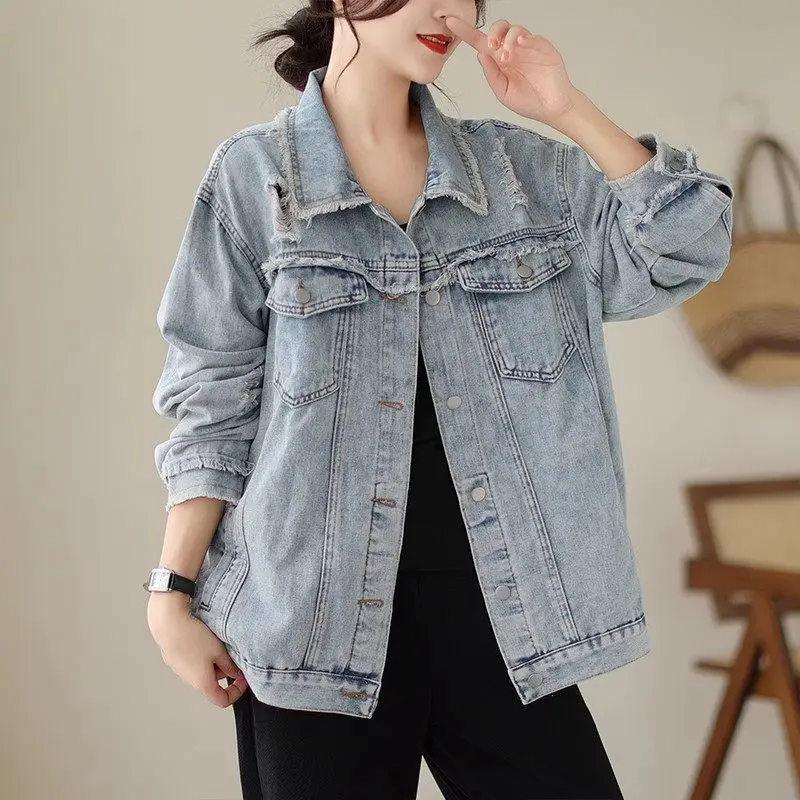 S-5XL Retro Raw Edge Vintage Denim Jacket For Women's Autumn Spring New Large Size Loose Jeans Jaqueta Single Breasted Top Z2772