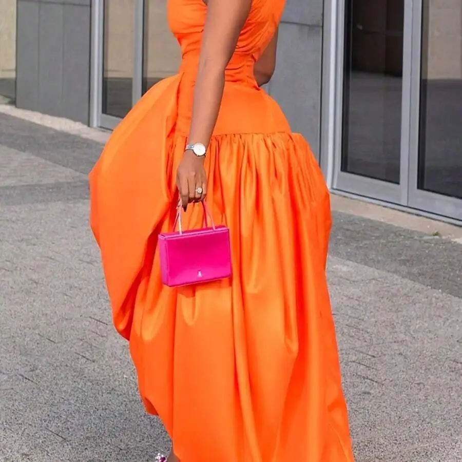 

Vibrant Orange Satin Sleeveless High-Low Formal Dress With Cinched Waist, Perfect For Evening Galas And Special Occasions