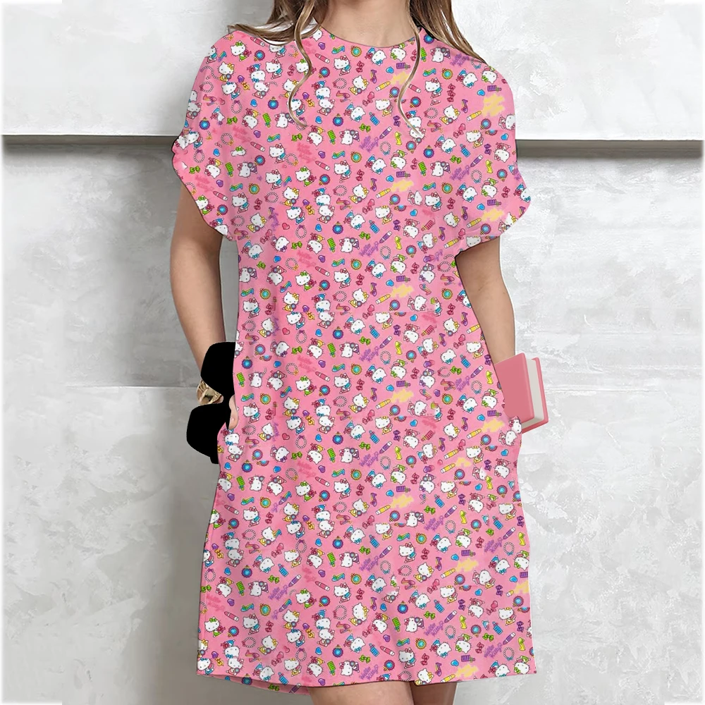 Mulheres casual manga curta t camisa vestido vintage olá kitty impressão solta mini vestido elegante simples mini vestido streetwear vestido de verão